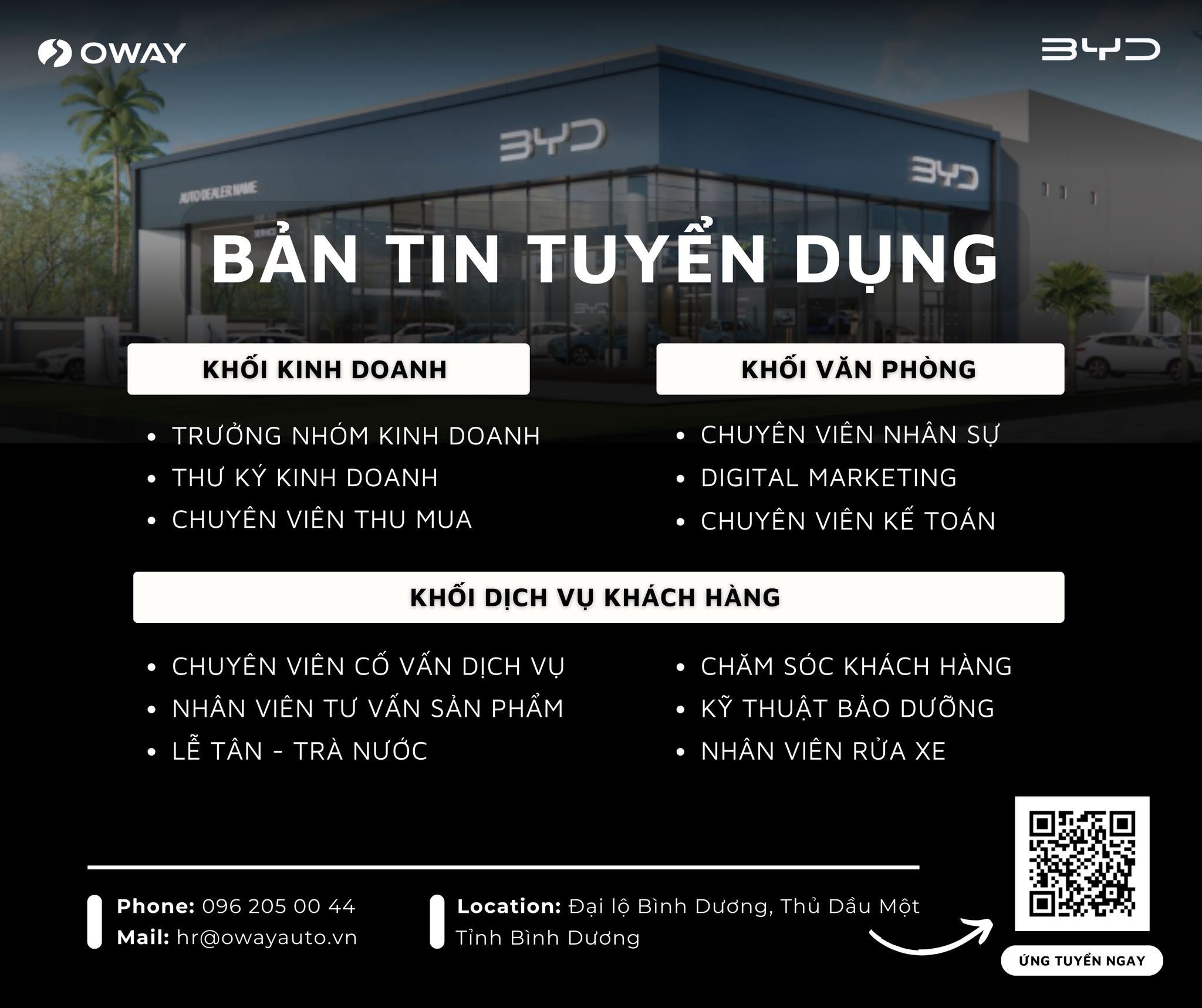 Đại lý xe ô tô điện BYD Oway Bình Dương tuyển dụng